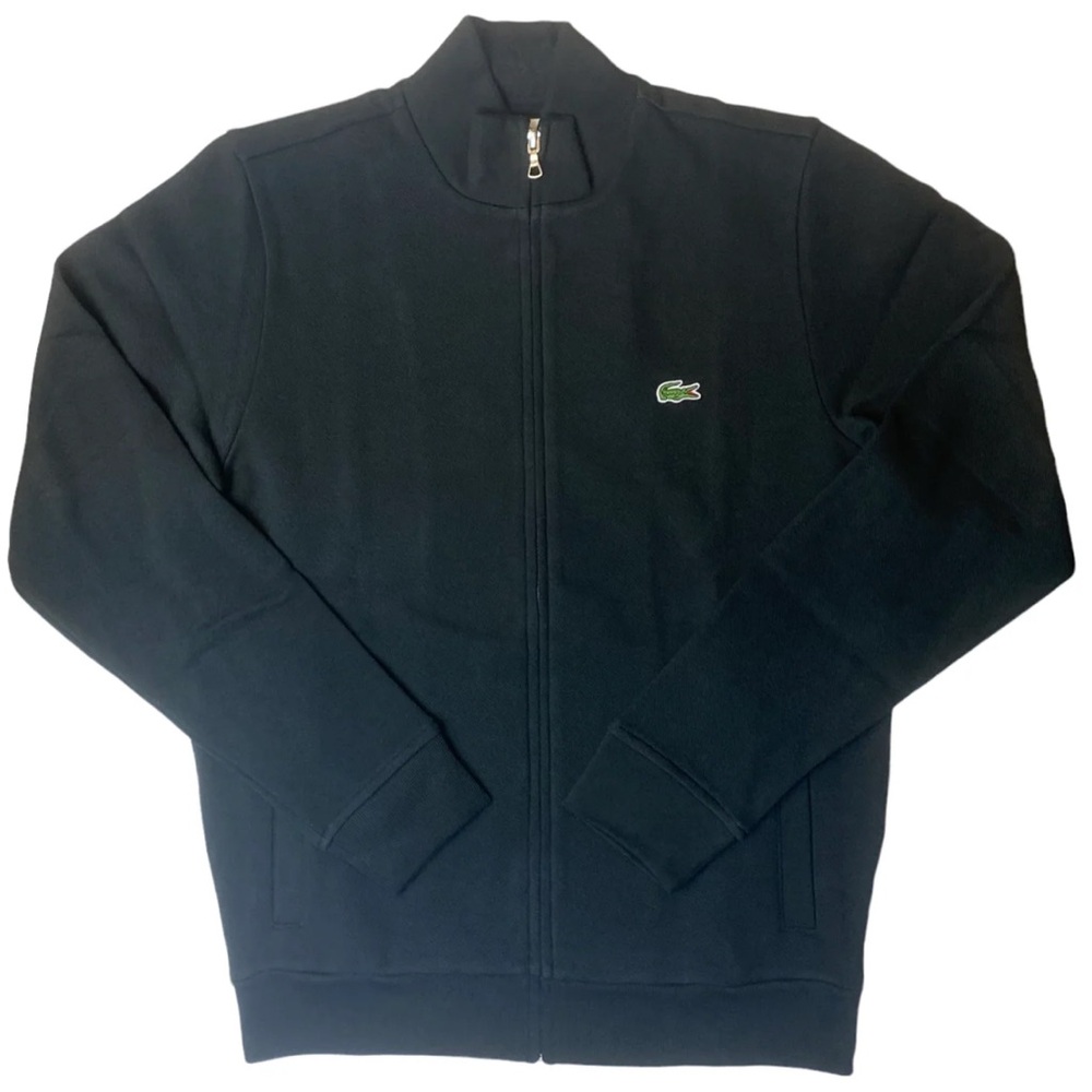 LACOSTE zip up track jacket in black cotton blend. Men’s size large.